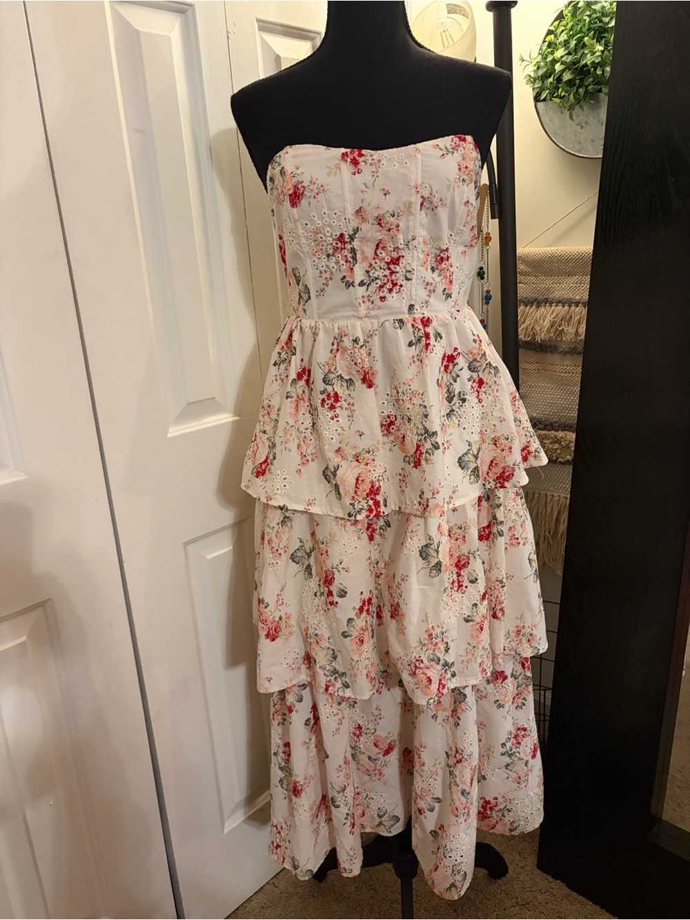 Floral Corset Tiered Cotton Midi Dress